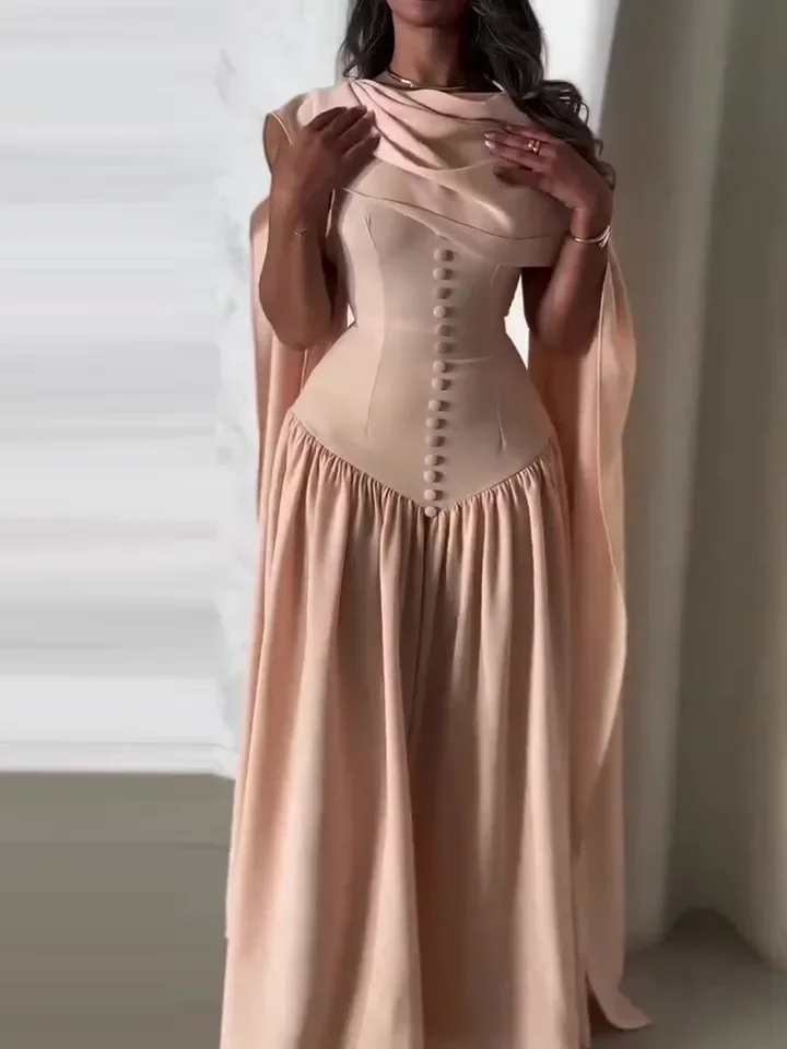 Luxury Nipped Waist Sleeveless Shawl Collar Banquet Dress Temperament Solid Color Women's Banquet Dress Elegant Lady Pleat Dress