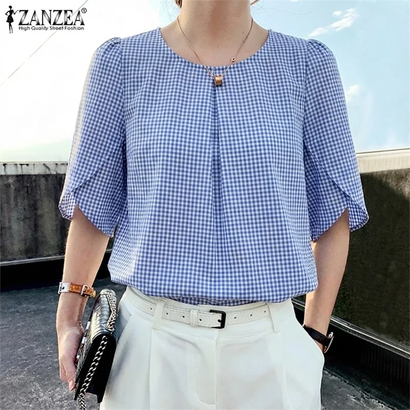 ZANZEA 2026 été Plaid Blouse mode chemise femmes élégant à manches courtes pétale travail Blouses décontracté col rond vacances Blusas tunique