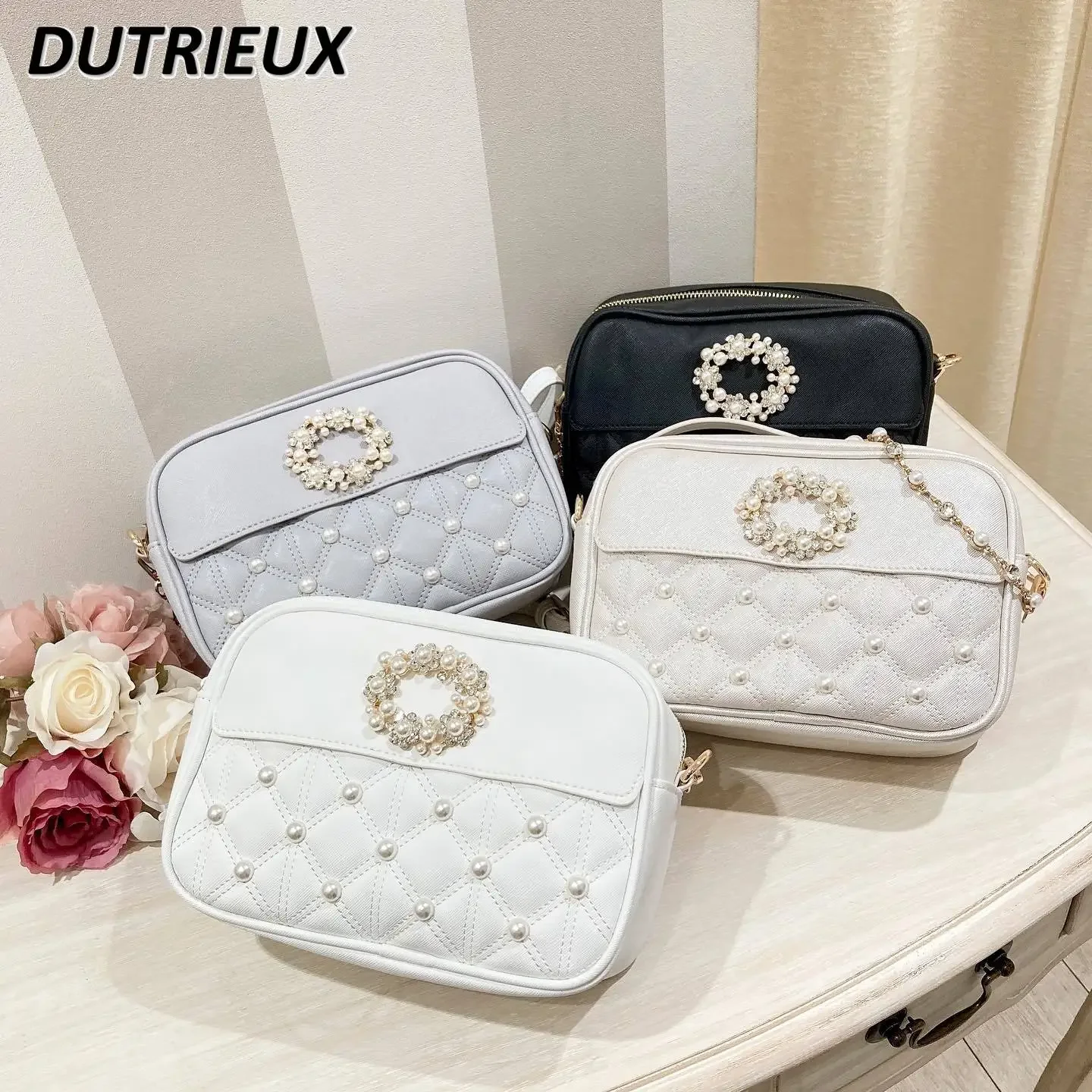 Japanese Style Sweet and Cute Makeup Bags Mine Series Mass-Produced Rhinestone Pearl Pu Leather Crossbody Pouch Toiletry Bag