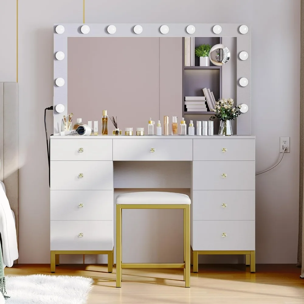 

Vanity Desk Set, LED Lighted and Magnifying Glass Mirror, Vanity with 3 Color Lighting, Makeup Vanity Desk with Bench, White