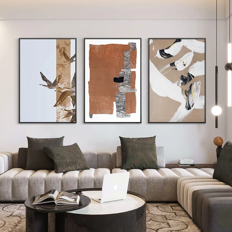 

Modern Abstract Canvas Poster Set Orange Geometric Crane Painting Dining Room Wall Art Wabi Sabi Texture Bird Picture Print