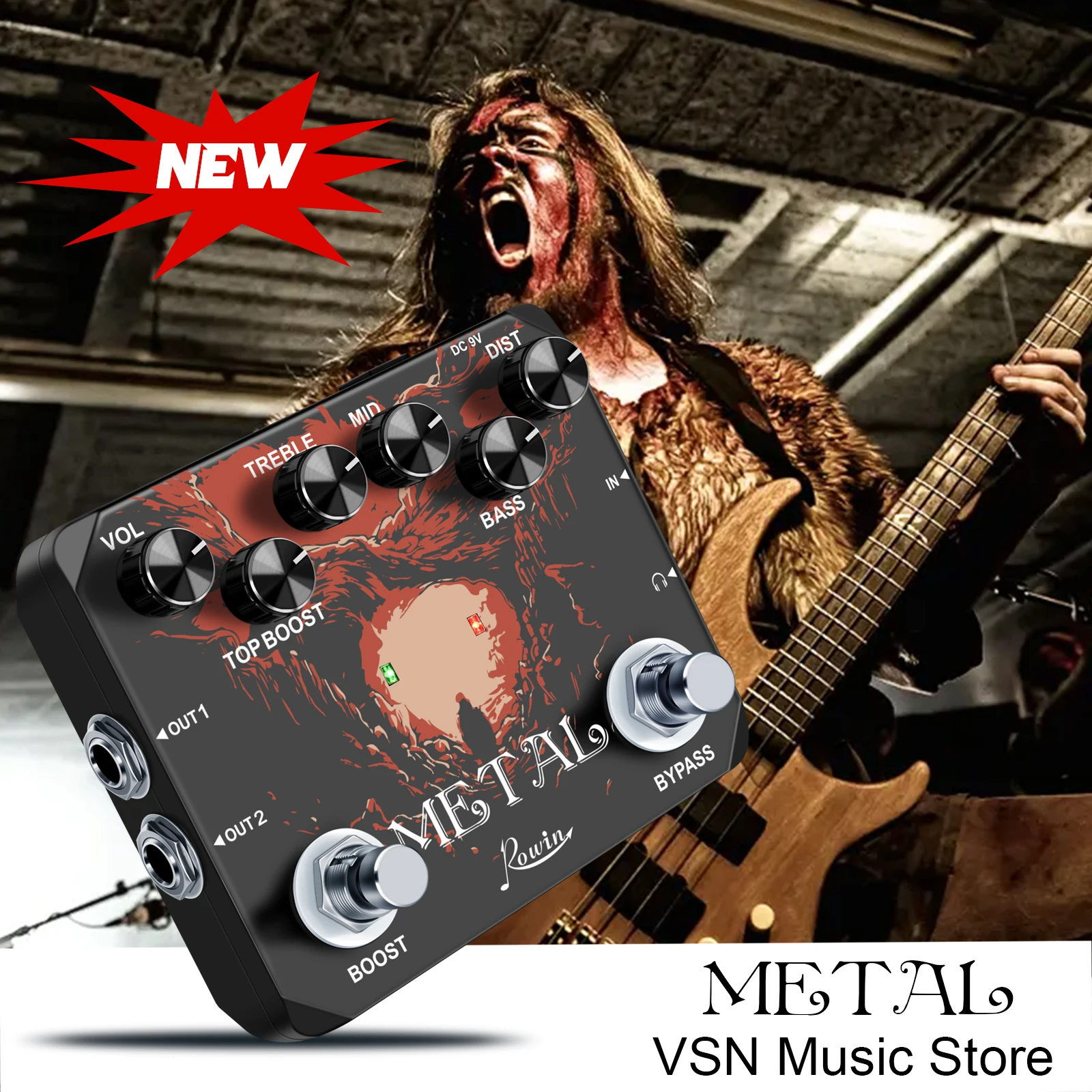 Rowin Heavy Metal Distortion Guitar Effect Pedal with 80s or 90s Metal Sounds Crazy Metal Sounds and Earphone Useable Output