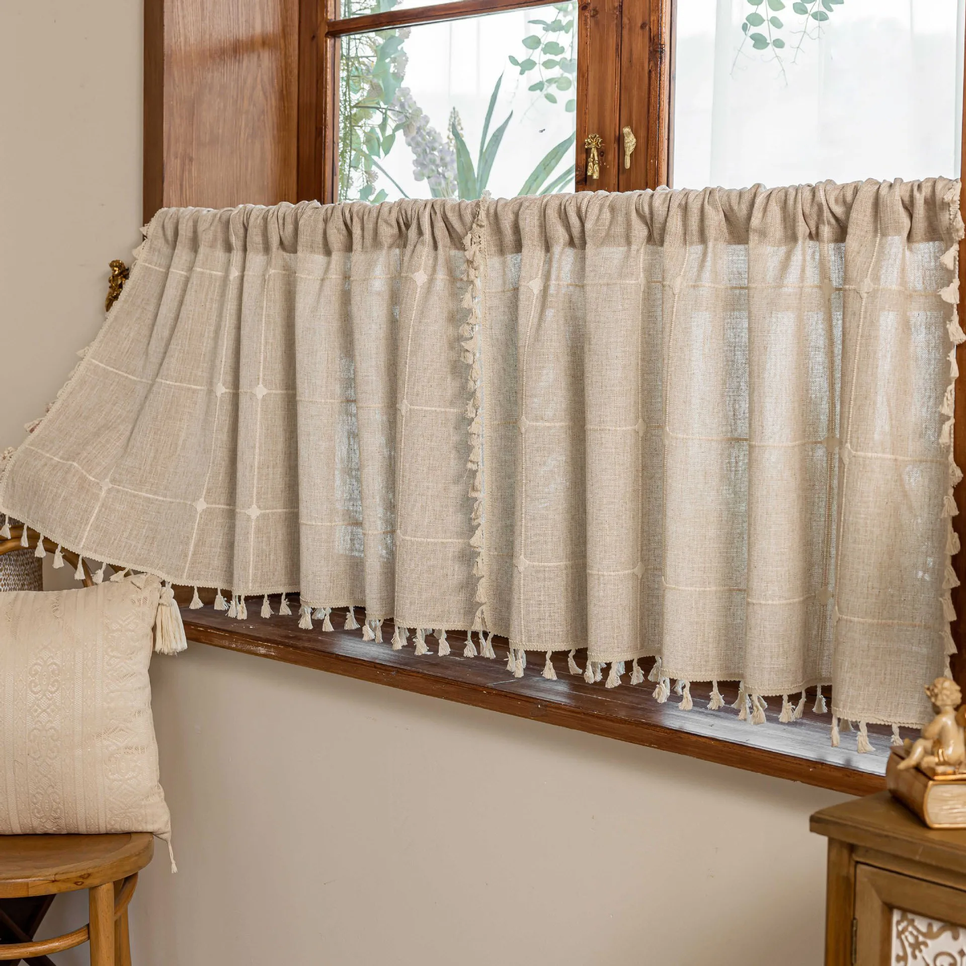 Boho Kitchen Curtain French Farmhouse Vintage Tassel Short Cafe Curtains for Small Window Kitchen Bathroom Bohemian Decoration