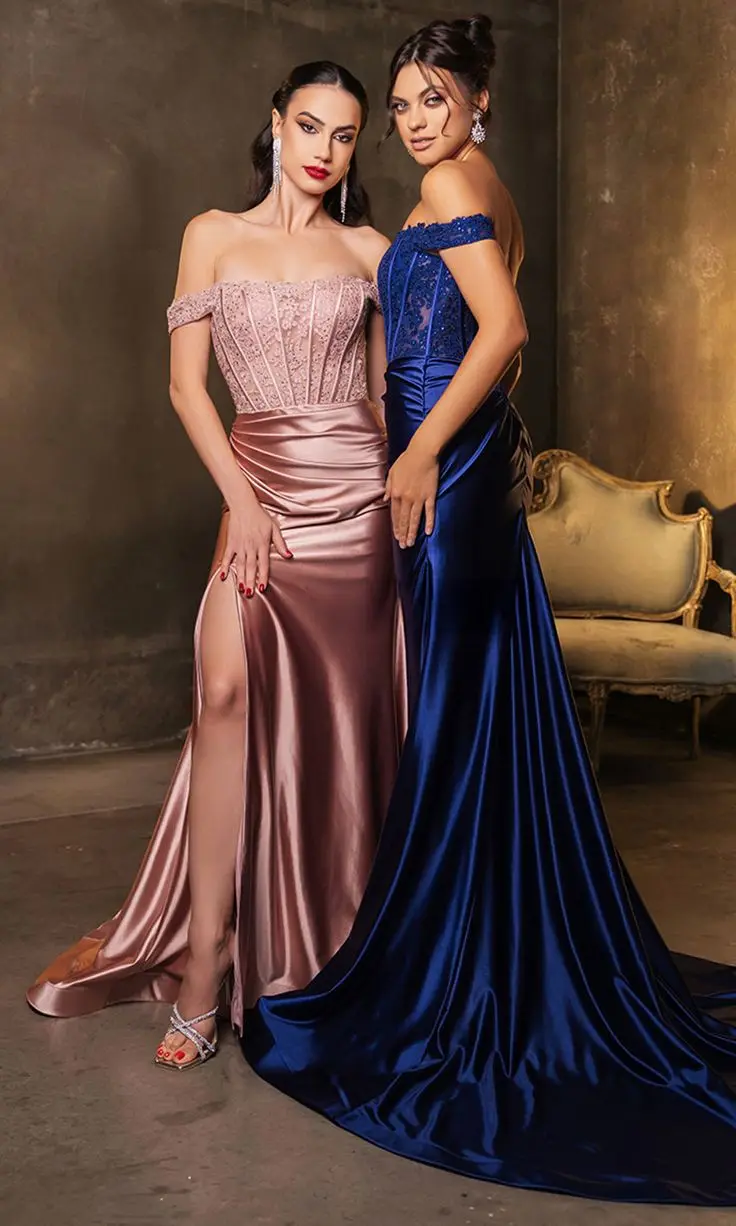 

Customized Off Shoulder Mermaid Evening Dresses Elastic Satin Split Sexy Lace Appliques Crystal Formal Party Women Prom Gowns