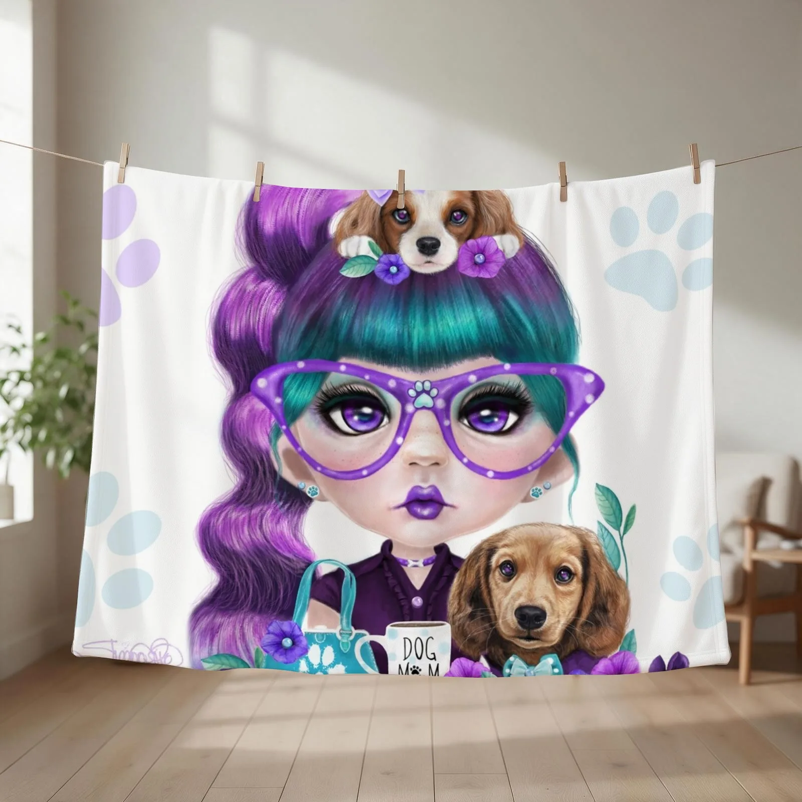 Puppy Crazed Petunia by ?Sheena Pike Throw Blanket couch cozy soft plush fuzzy picnic outdoor blanket