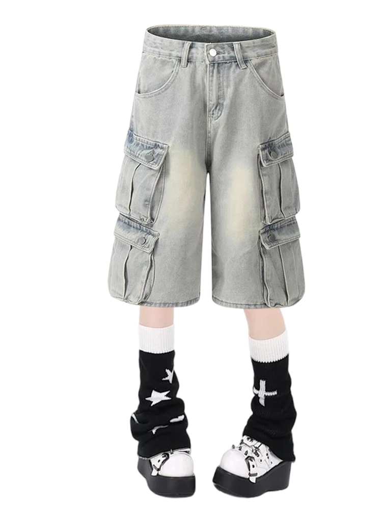 Summer Women Y2k Japanese Streetwear Jorts Harajuku Fashion 2000s Aesthetic Jean Cargo Shorts Knee Length Denim Pants Grunge