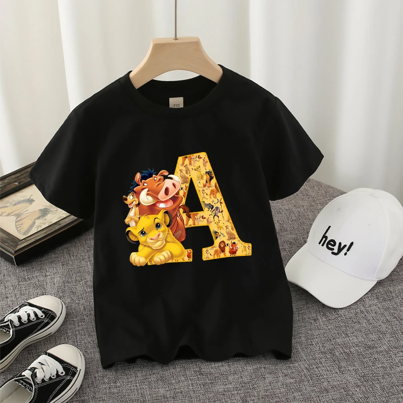 Lion King Boys T-shirt Cotton Letter A-Z Disney Simba Pumbaa Print Tee Shirt Cute Cartoon Kids Child's Streetwear Casual Clothes