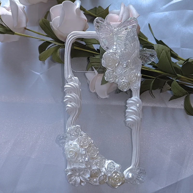 4093 INS Style Cute Simple Butterfly Elegant Cream Gel Phone Case تصميم مصنوع يدويًا متوافق مع Apple Oppo Huawei Vivo #4