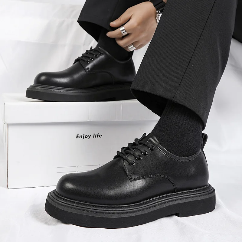 Luxury Men\'s Japan Karajuku Korean Style Streetwear Vintage Thick Platform Increase Casual Leather Shoes Soft Male Dress Shoes