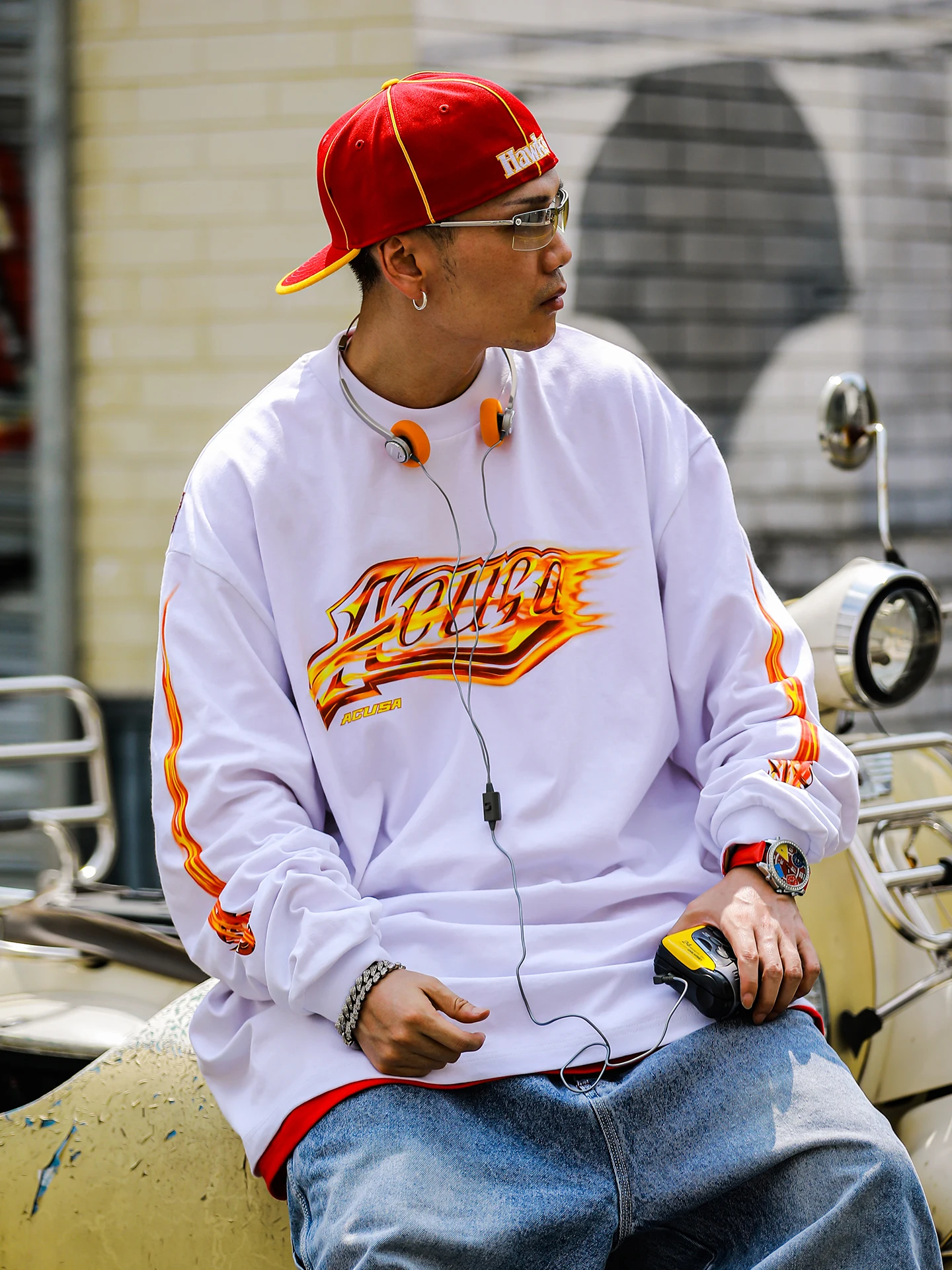 Acusa American Hip Hop Fire Meteor Loose Long Sleeve T-Shirt Pure Cotton Autumn Winter Base Layer Print round Neck Men's Fash...