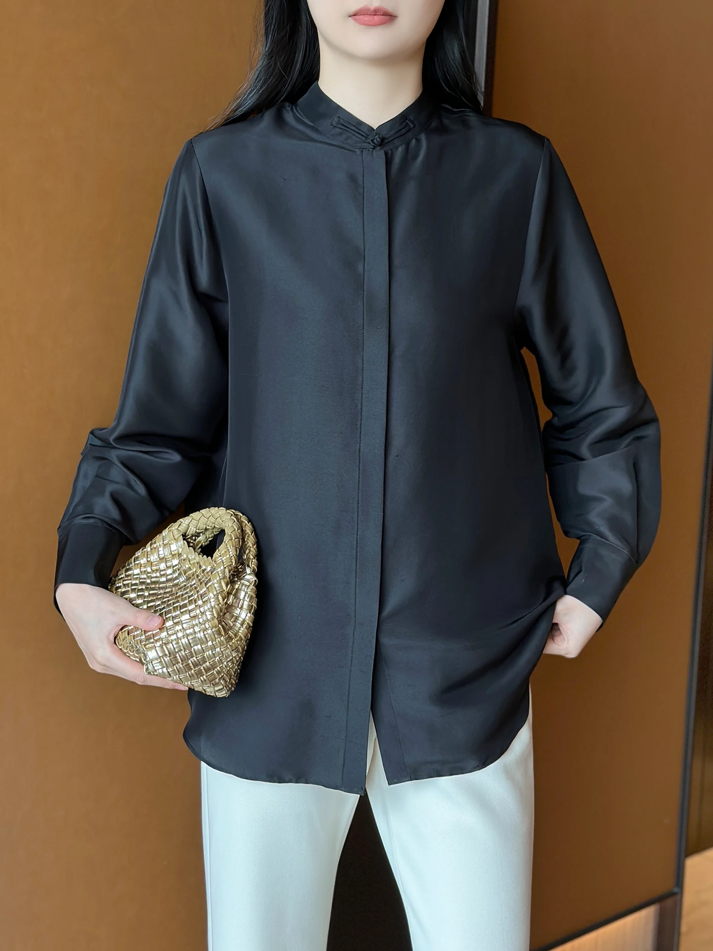 

Zuozhujia mat Sle Double Silk Long Sve Loose Fit irt Stand Collar Button up Women's Faion Spring Wear