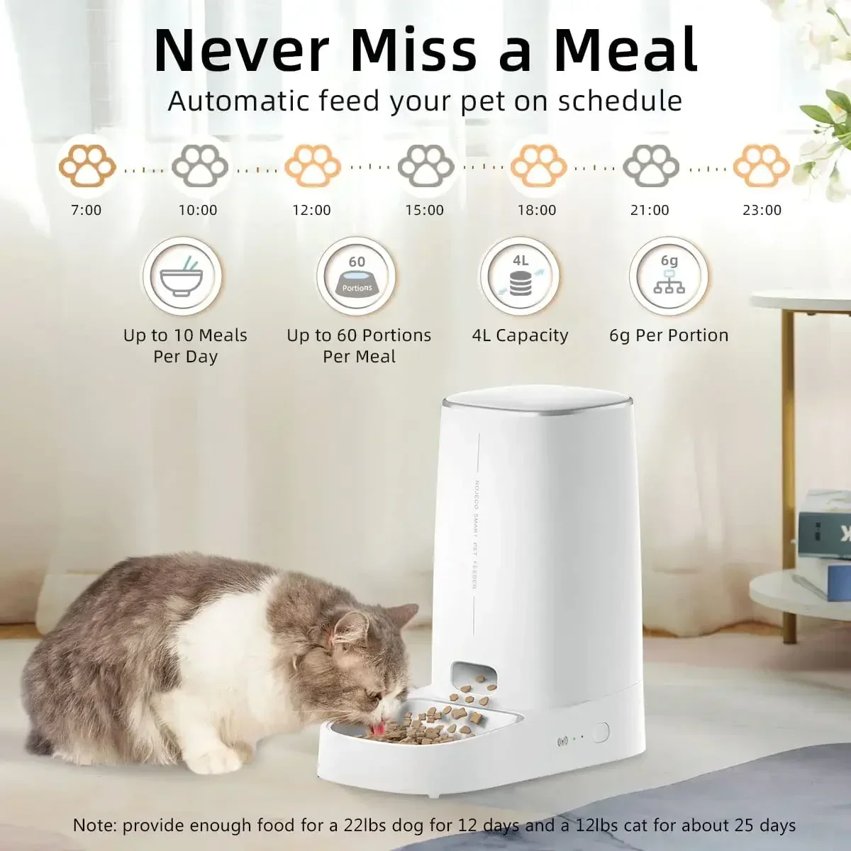 ROJECO-Automatic Pet Feeder, Smart WiFi Cat Food Kibble Dispenser, Remote Control Auto Feeder for Dog, Dry Food Accessories