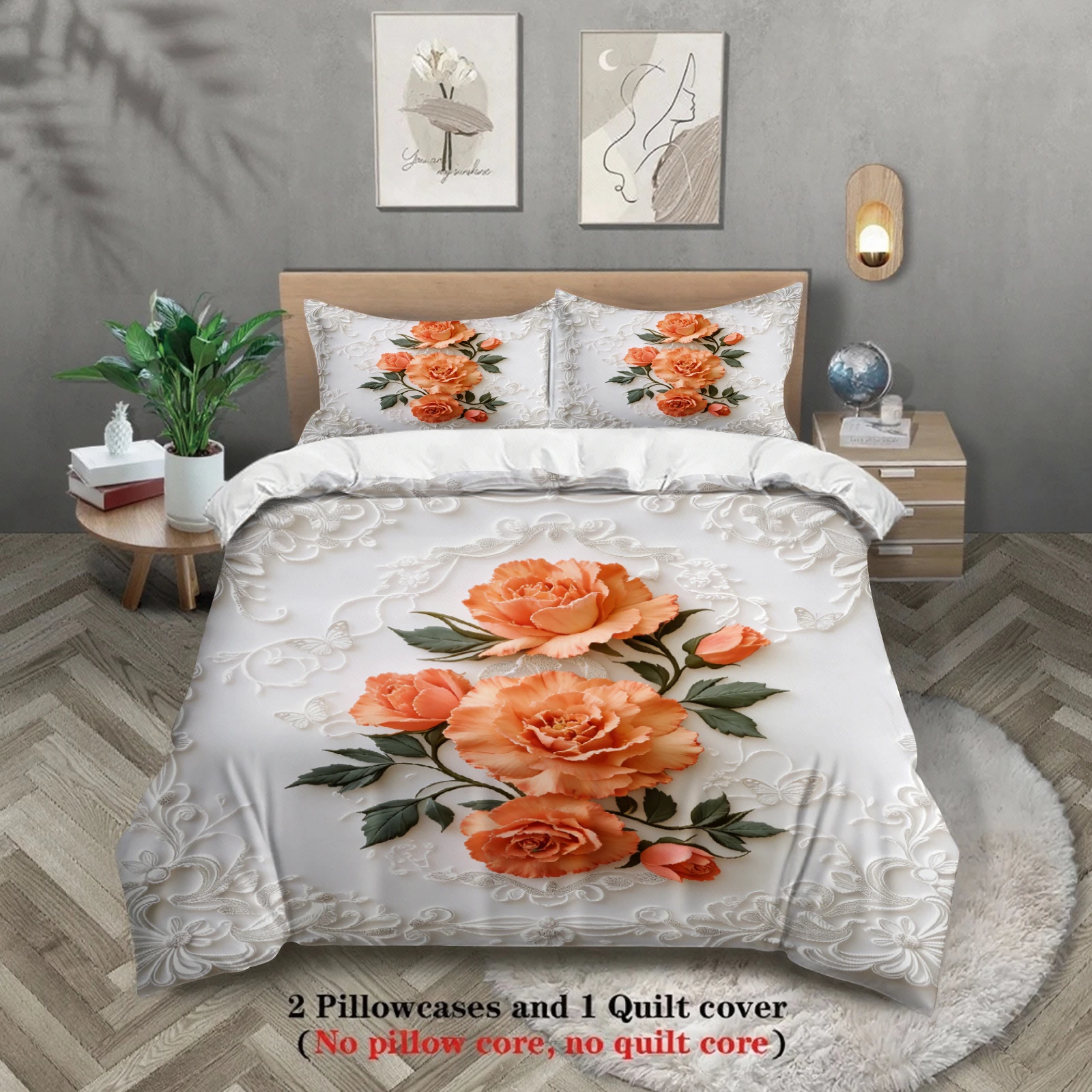 

Комплект постельного белья с цветочным вышитым узором: бело-оранжевые розы, пододеяльник и наволочки для спальни