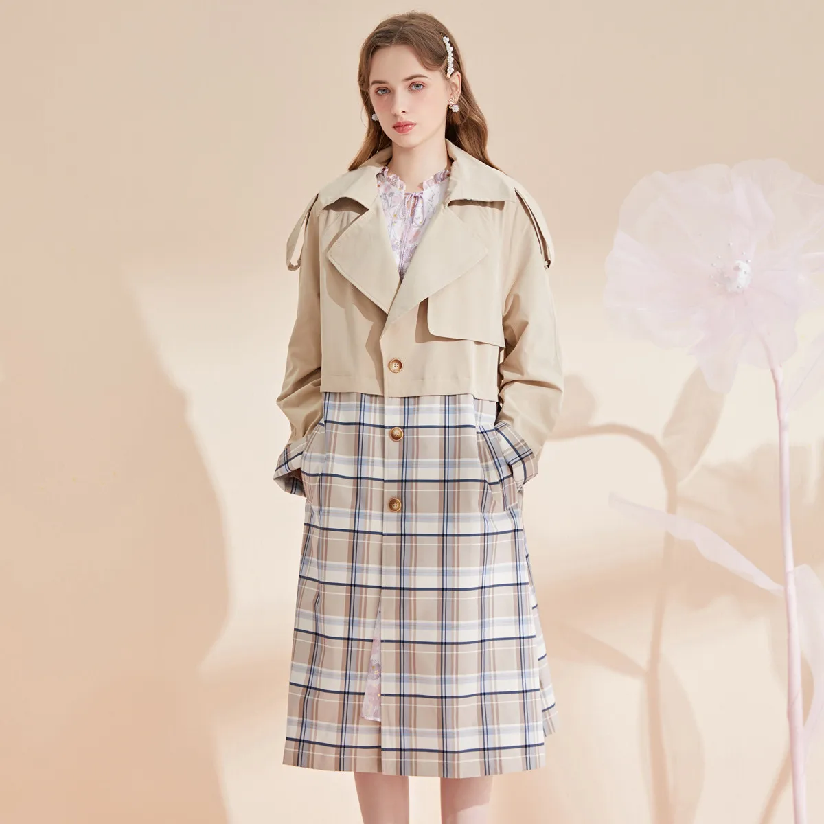 Spring and Summer Wind Coat Women's Collarless Color-Contrasting Patched Single-Button Slim-Fitting Blouse.FA10095Q