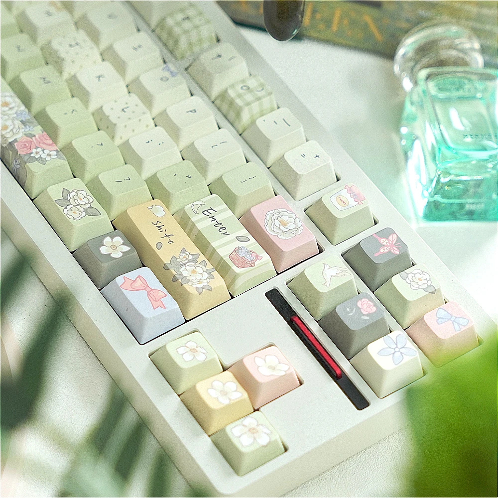 Imagem -04 - Teclado Mecânico Keycaps Gato Verde Cereja Bonito Moa Flor Rosa Miau Carta Flor 84 104 108 96 Carta