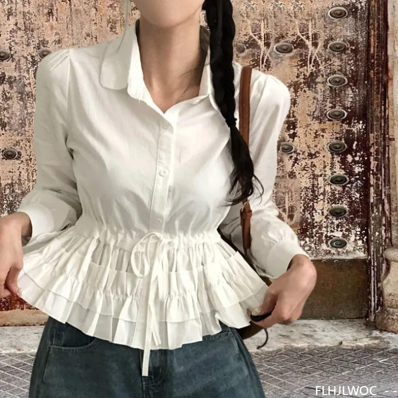 

Shirring Slim Waist Peplum Tops Blouses New Design 2025 Spring Summer Women Cute Sweet Japan Girls Solid White Short Shirts