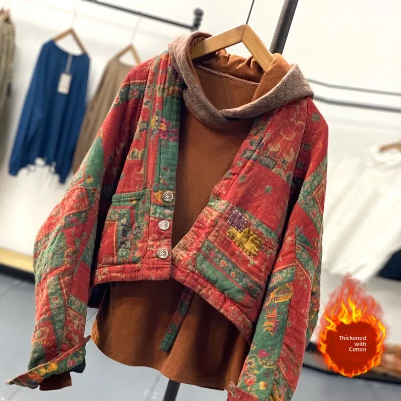 

Ретро-куртка из хлопка с этническим принтом, короткая, ручной работы, в стиле пэчворк, с рукавами «летучая мышь», оверсайз, женская, осенне-зимняя