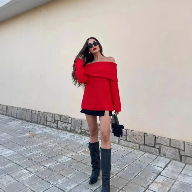 

Temperament Simple Solid Color Knitted Sweater Women Sexy Loose Off Shoulder Pullover Sweaters Trendy Knitwear Streetwear New