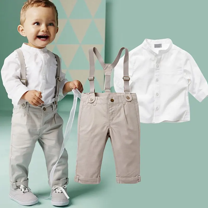 

Childrens Boys Stand Collar White Shirt + Suspenders Suit Spring Autumn Gentleman Kids Boys Sets Clothing