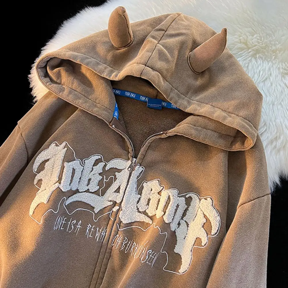 Harajuku Devil Horns Women Hoodie Fleece Hoody Pullover Spring Autumn Jacket Street Loose Zipper Pocket Sweatshirts Women Jacket