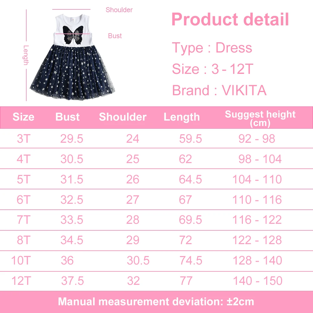 VIKITA Girls Sleeveless Summer Dress Kids Butterfly Sequined Appliqued Princess Party Dress Girls Star Birthday Mesh Dresses