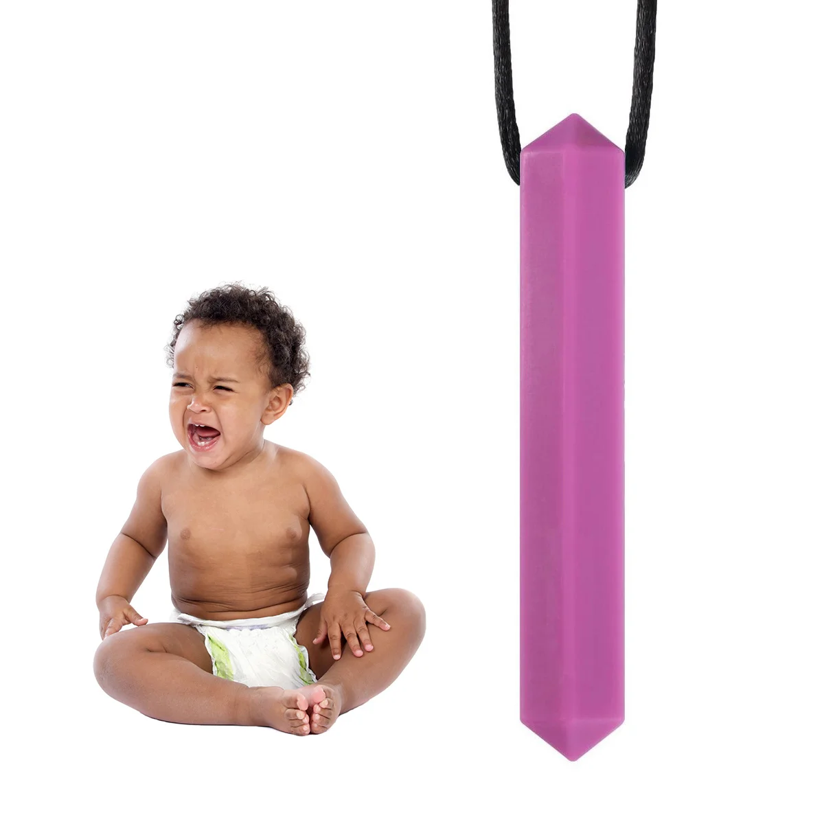 1개 아기 치아발육 목걸이 실리콘 어금니 막대 내구성 안전 유아용 치발기 펜던트 보라색 끈 80cm 잇몸 통증 완화 씹기용