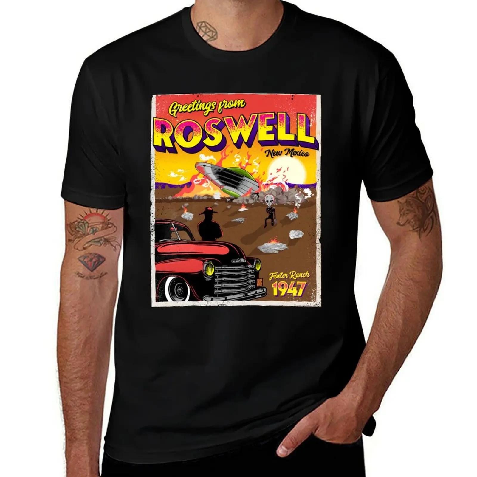 

Greetings from Roswell 1947 UFO Crash T-Shirt vintage graphic tee customs blacks Men's cotton t-shirt