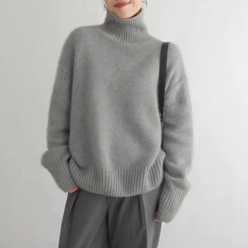 High Collar 100% Pure Woolen Sweater Women's 2023 Autumn/Winter Simple Loose Lazy Sweater Pullover High End Casual Knitted Top