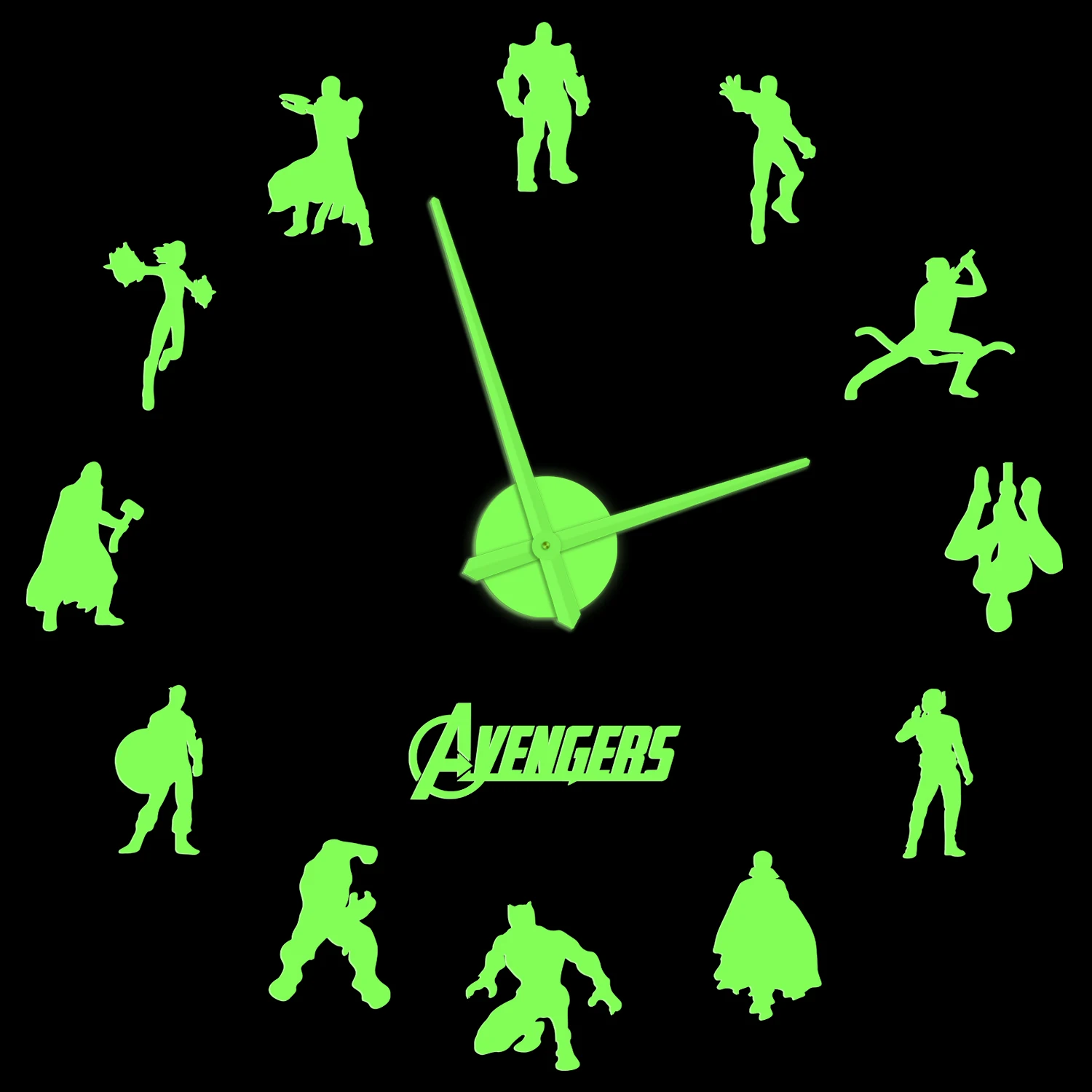 

Superheros Assemble Glow in Dark Wall Clock Cinemas Home Theater Decor Self Adhesive DIY Silent Non Ticking Watch For Kids Room