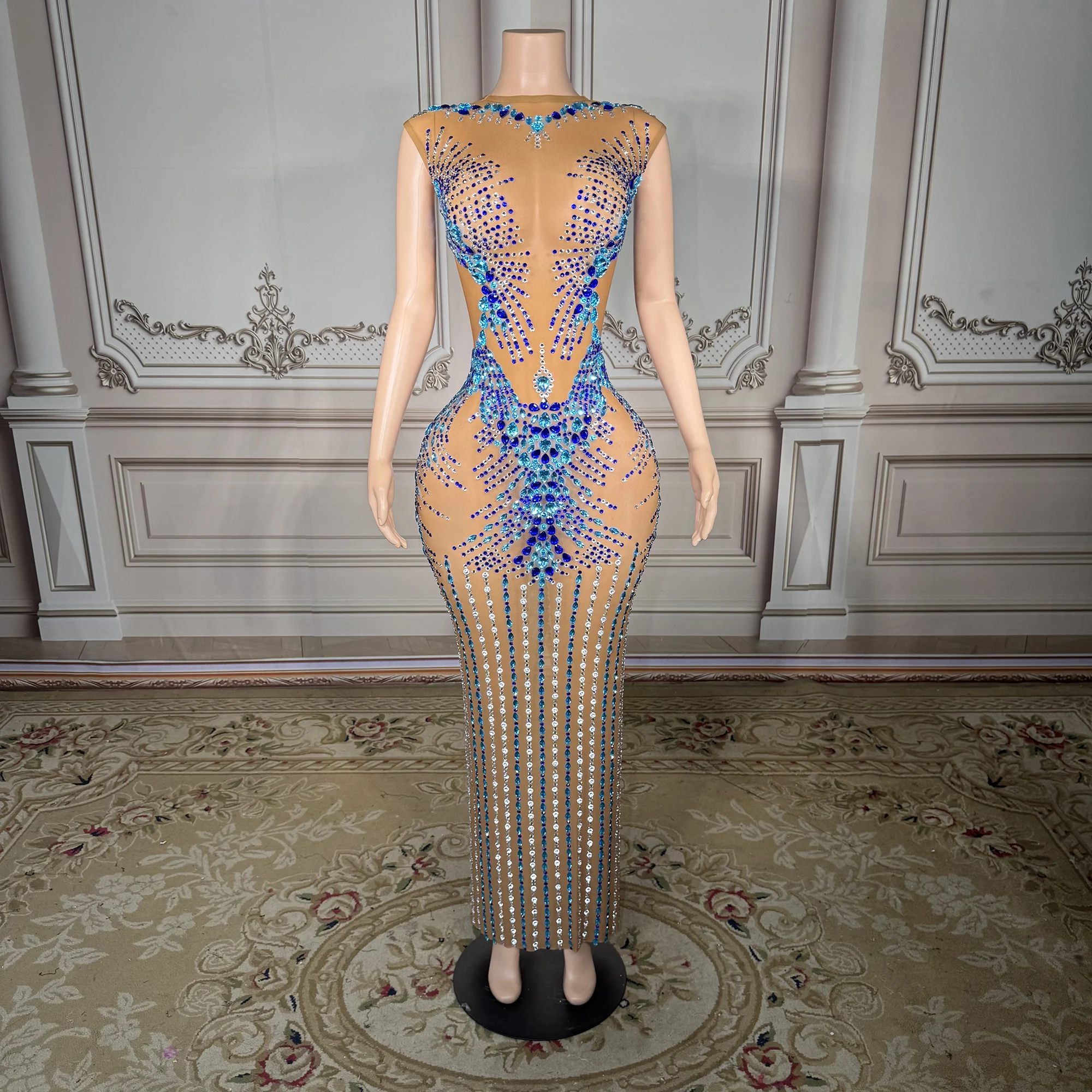 ZD Luxury Elegant Shining Rhinestones Gown Suspenders Mesh High Split Long Dress Women Evening Prom Red Carpet Photoshoot Gowns