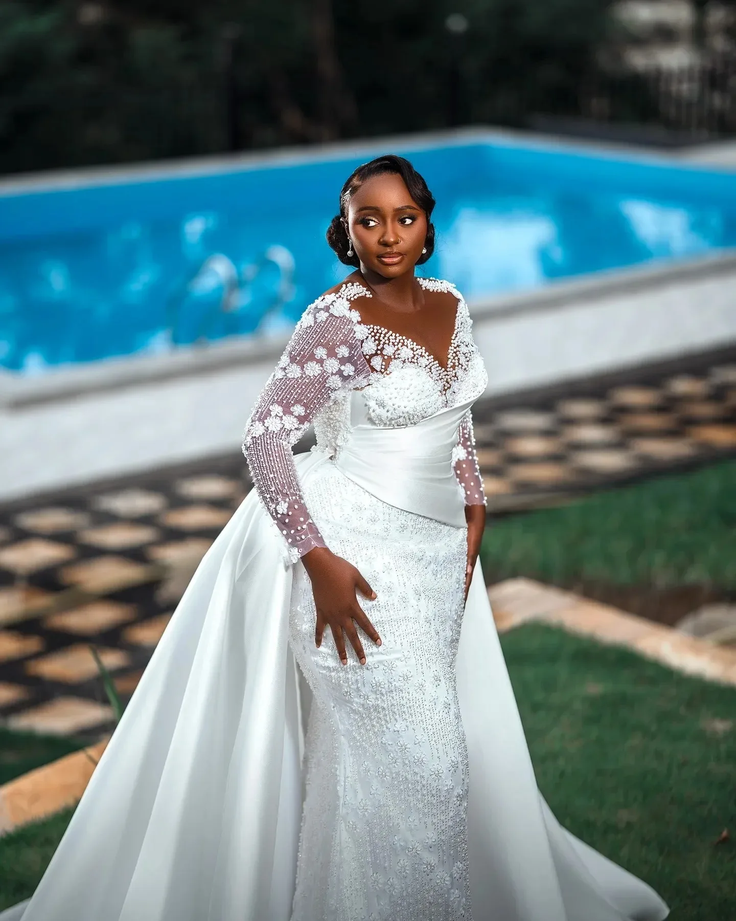 2026 New Detachable Tail Sparkly Pearls Beads Mermaid Wedding Dress Removable Skirt Robe De Mariée Long Sleeve Bridal Gown
