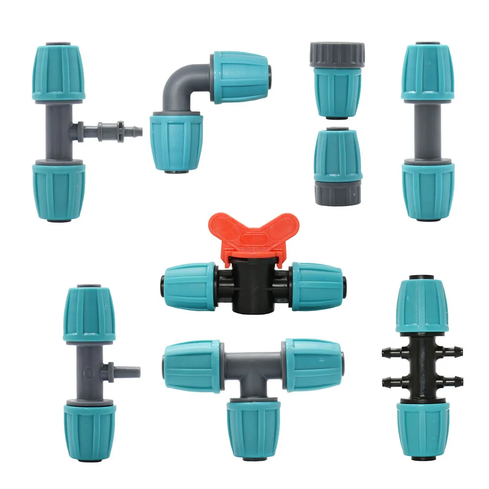 16mm PE Pipe Connector Lock Nuts Garden Water Coupling 1/2'' Pipe 4/7mm Hose Transition Fittings Tee Elbow End Plug Tap