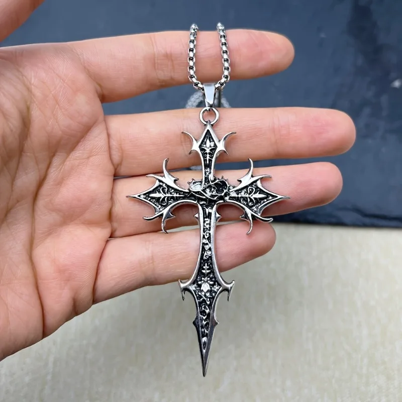 Vintage Gothic Cross Necklace for Men Punk Spike Cross Pendant Necklace Jewelry Cool Hip Hop Necklace for Birthday Gift