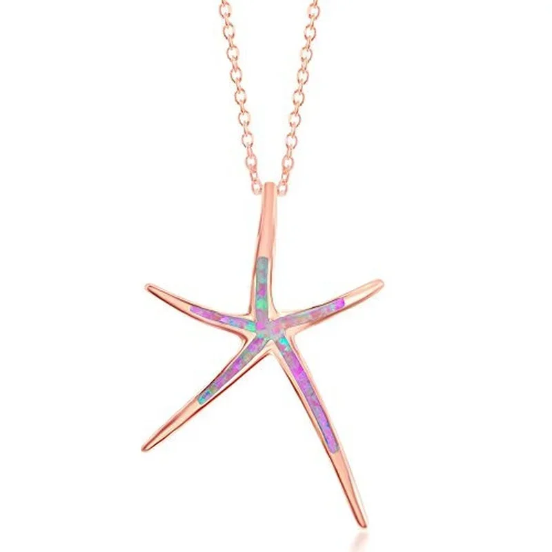 Women's Simple Rose Gold Tone Created Blue Simulated Opal Starfish Pendant Necklace