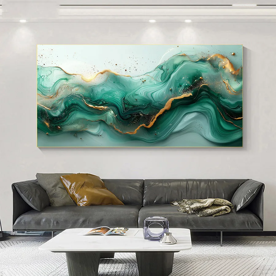 Abstract Painting Green Colored Liquid With A Gold Line On It, Canvas Print Posters, Wall arts Decor, Modern Home Decor, Room De