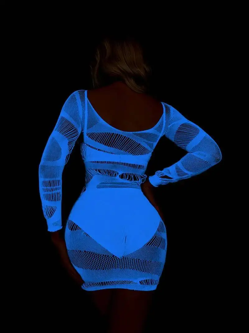 Sexy, figurbetontes Kleid, elegant, blaues Licht, leuchtend, sexy, leuchtend, Übergröße, sexy Langarm-Mesh-Kleid, sexy koreanisches SM, exotisch, LUW8