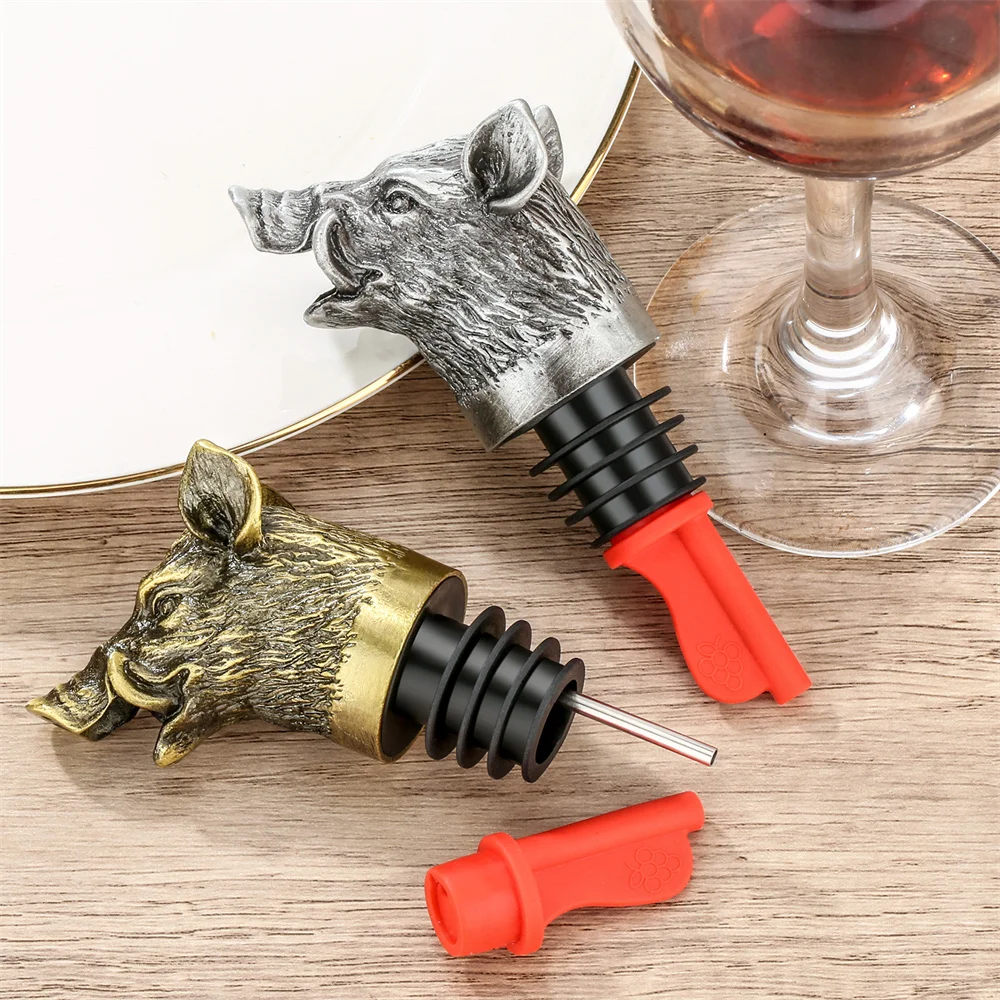 Bar Accesssories Champagne Wine Spouts Mouth with Red Stopper Wild Boar Decoration Metal Bottle Stoppers Unique Wine Gift