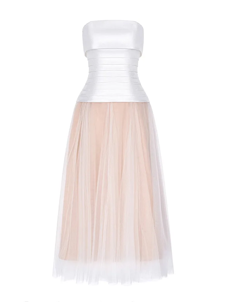 Abito lungo fluido senza schienale a strati smock da donna Abito lungo da cocktail party con volant in rete a vita alta Abito da sera elegante