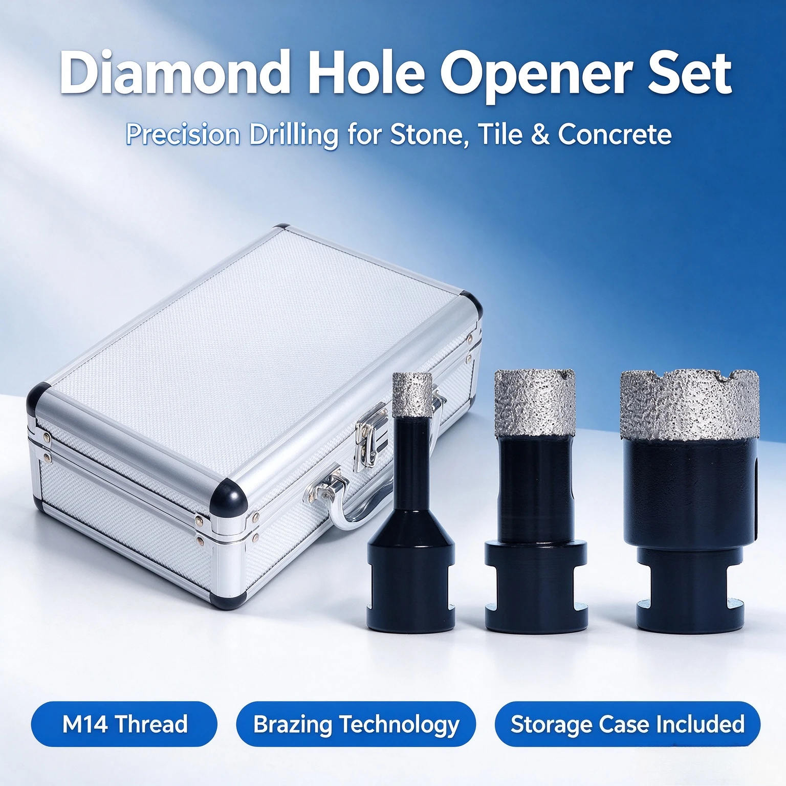 Diamond Drill Bit Kit with Storage Case, M14 Brazing Hole Opener for Tile, Stone and Concrete Hole Making