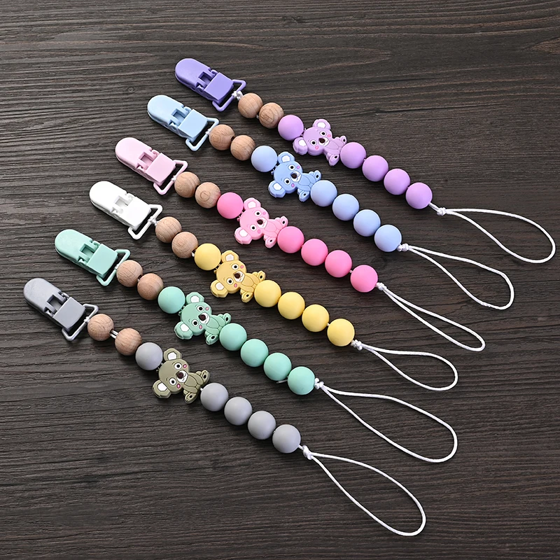 Baby Pacifier Clips Holder Silicone Cartoon Animal Teething Chain Wood Teether For Baby Pacifier Chain Nursing Chew Toys Gift