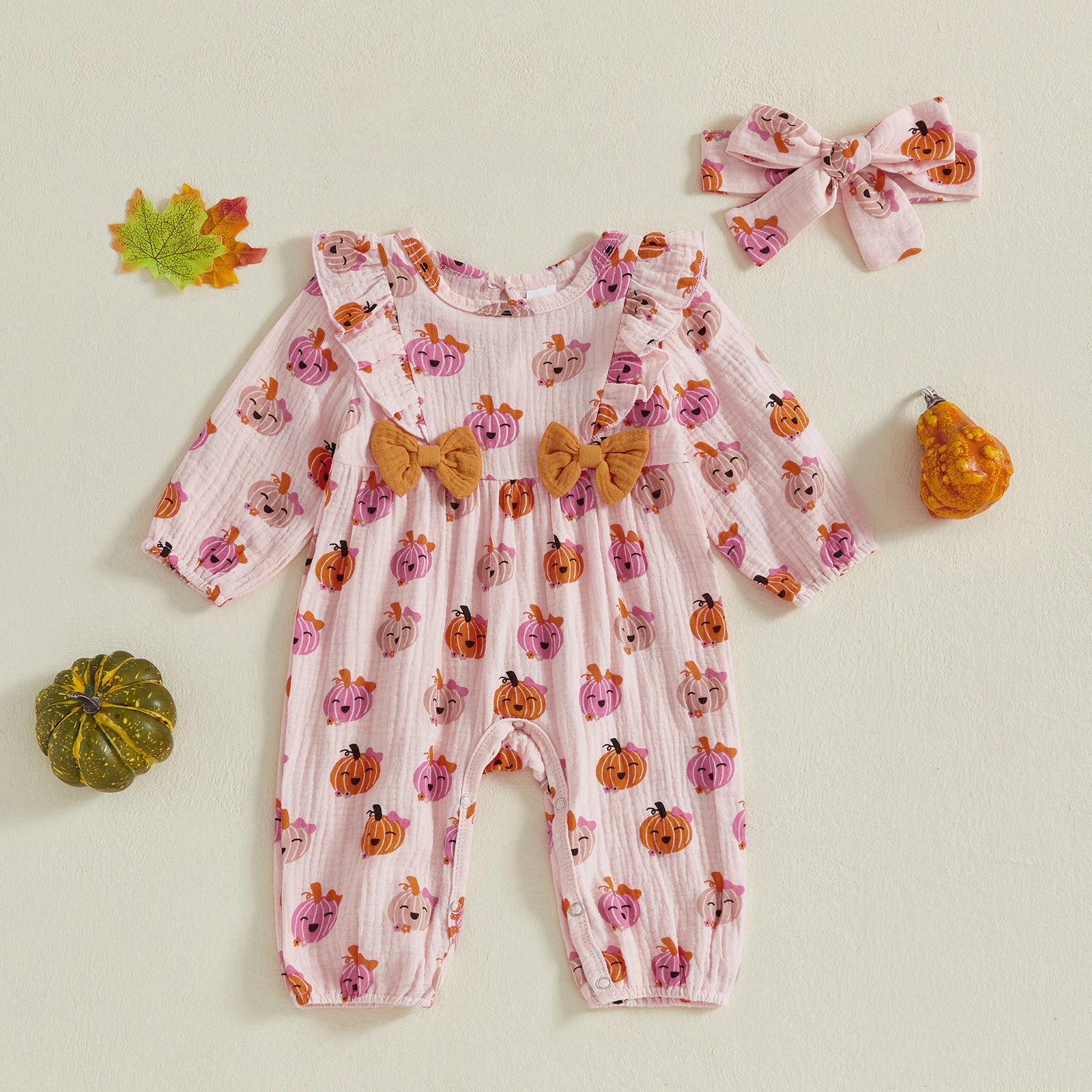 

2025-05-13 Lioraitiin Baby Girl Halloween Outfit Pumpkin Ruffle Trim Long Sleeve Romper Tie-up Headband Cotton Linen Set