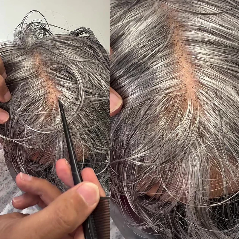 80% Density 1b65 1b80 Grey Color Men Human Hair Toupee Thin Soft 0.03mm PU Skin Base Breathable Male Hair Replacement Hair Unit