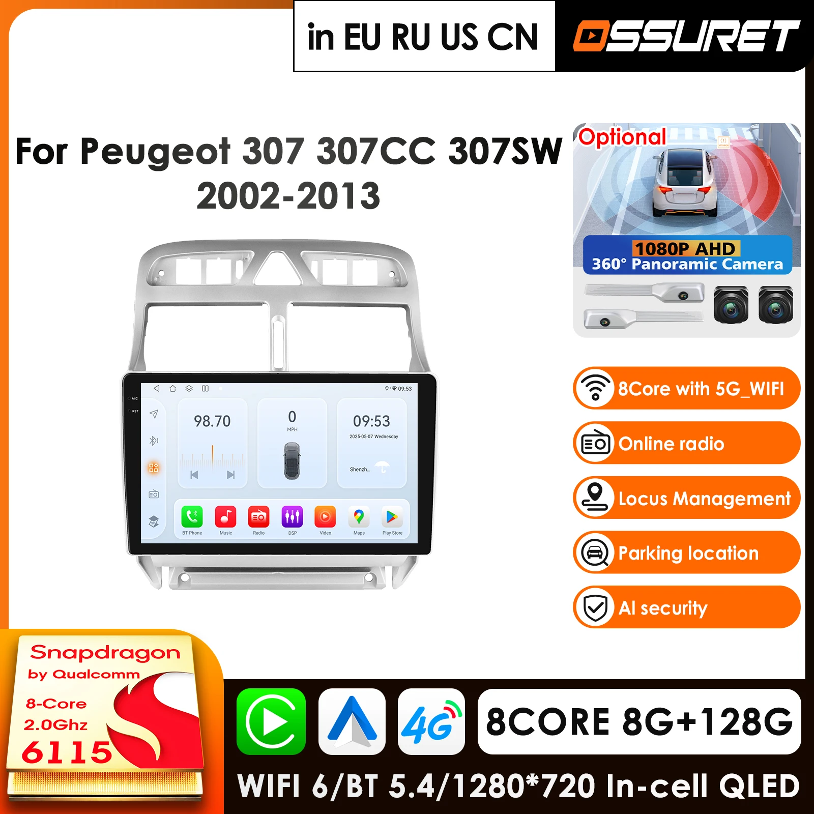 

9 inch Screen 4G-LTE Carplay Android Car Radio For Peugeot 307 SW 307CC 307SW 2002 - 2013 Car Multimedia Player GPS Auto Stereo