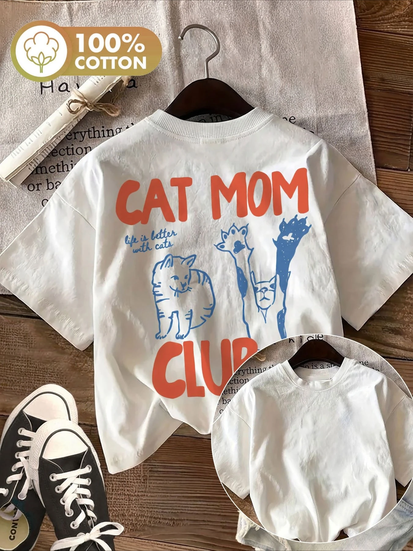Lässiges Damen-Grafik-Top T-Shirt mit Kawaii-Katzen- und Pfoten-Print, Katzenmama-Club-Print, Rundhals-Kurzarm-T-Shirt, Damenbekleidung – Detail 2