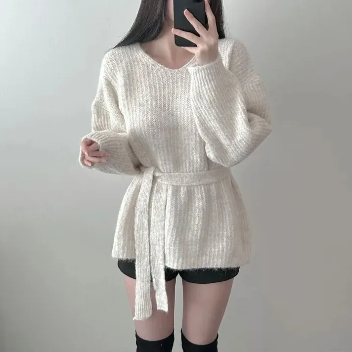 

Стильный женский свитер с V-образным вырезом, свободный, средней длины, с поясом, осенне-зимний, модный, для повседневной носки, вязаный.