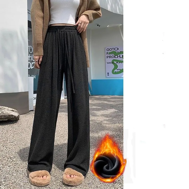 Women's Elastic Waist Drawstring Pockets Wide Leg Autumn Winter Solid Color High Waist Straight Loose Casual Floor Length Pants
