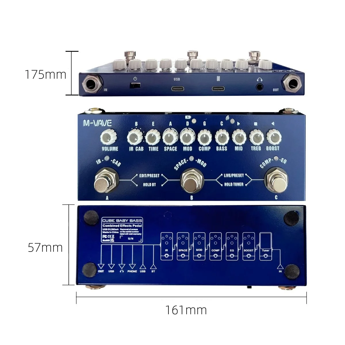 M-VAVE Cube BABY Bass Compact Bass Guitar Preamp Multi-Effects Pedal, 9 Amp Models 8 IR Cab Slots Bluetooth Rechargeable