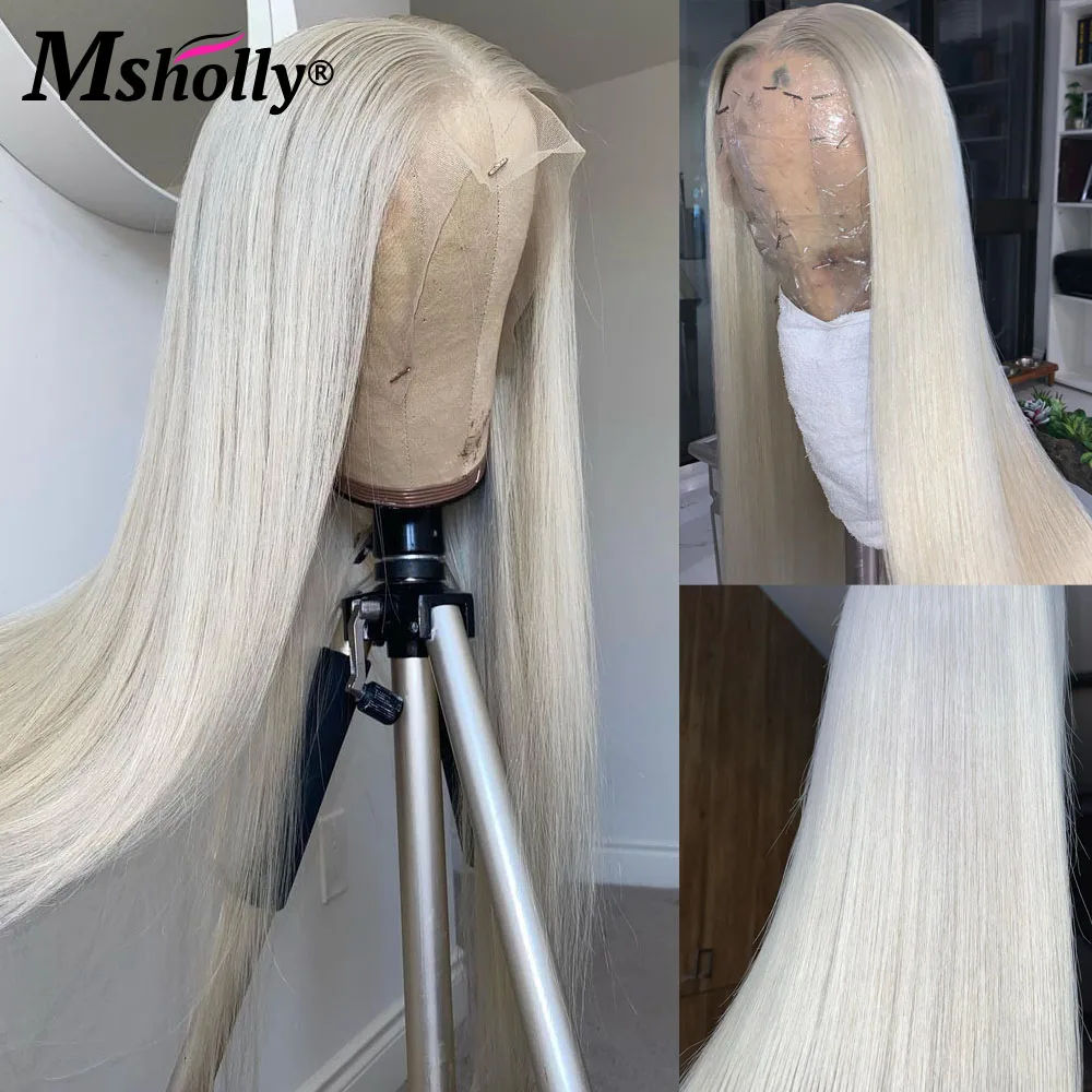 Perruque Lace Front Wig naturelle Remy lisse blond 60-platine, 13x4, densité 180%