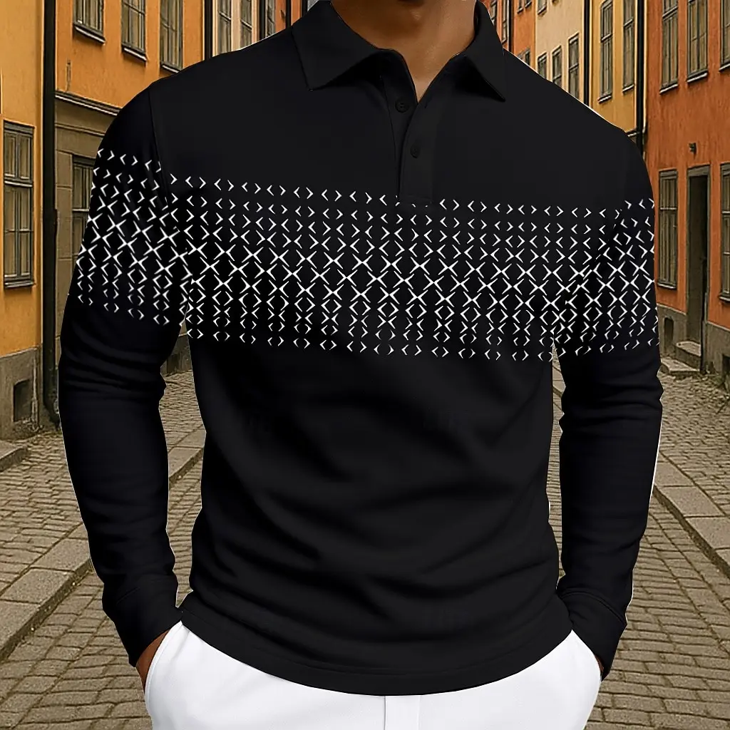 Men's Geometic Golf Polo Long Sleeve Polo Shirts Athleisure Daily Wear 3D Prints Breathable Buttons Tops 2025 Fall Winter