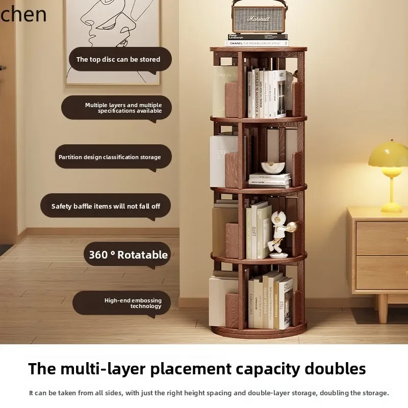 HT solid wood rotating bookshelf 360 degree bookcase walnut storage household living room corner floor shelf